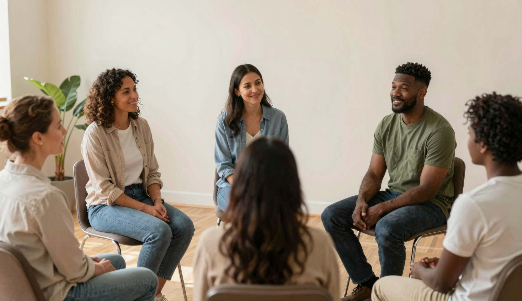 Support group of five diverse adults sitting in a circle during a wellness session