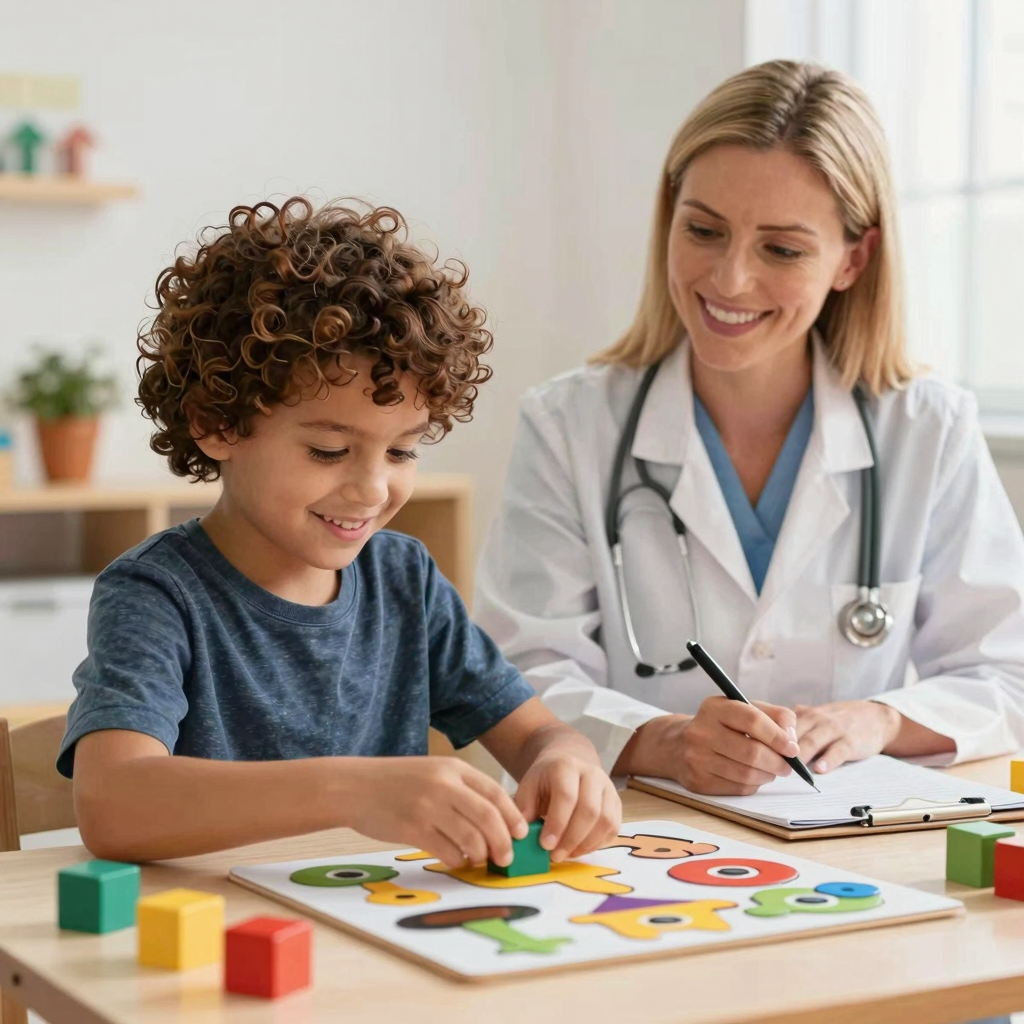 Child during a developmental evaluation, smiling while working with colorful learning materials