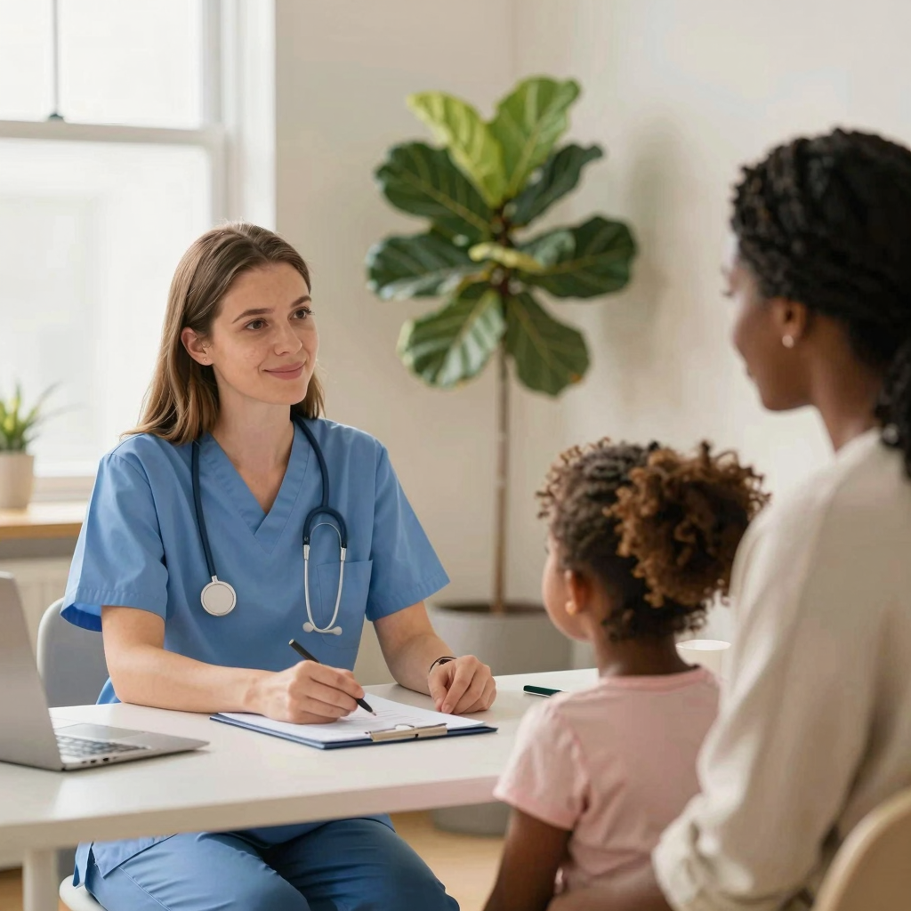 Healthcare practitioner in warm consultation with a mother and child